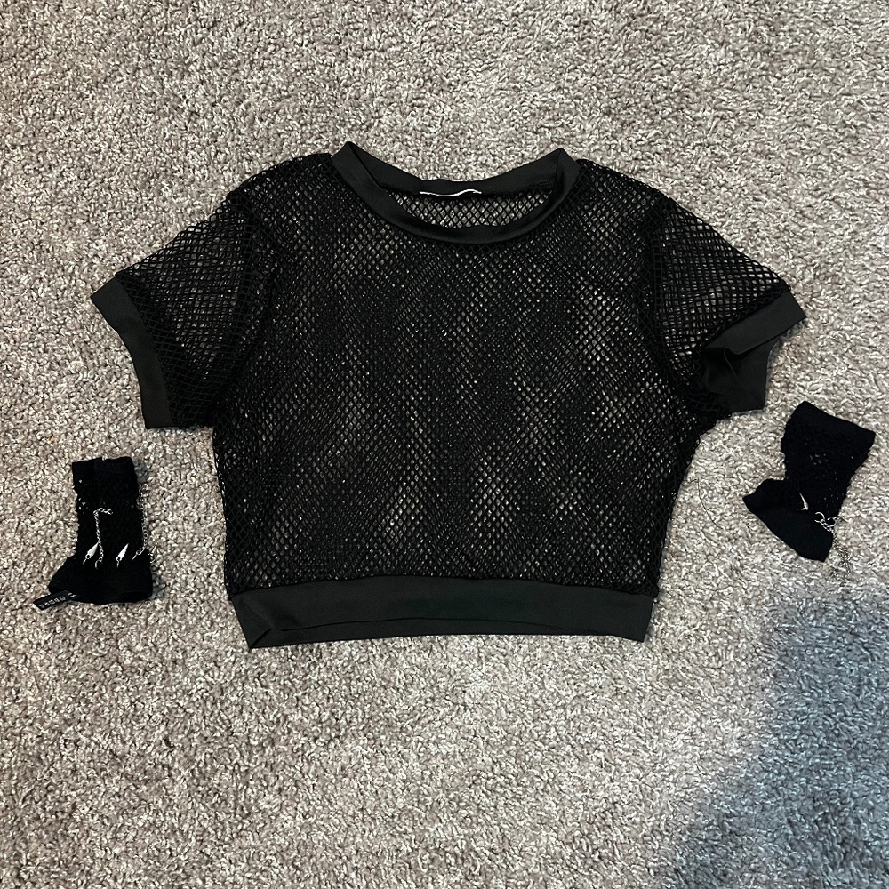 AvidLove Mesh Black Crop Top w/ thumbhole gloves